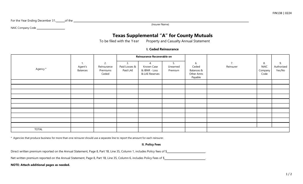 Form FIN138 Texas Supplemental "a" for County Mutuals - Texas