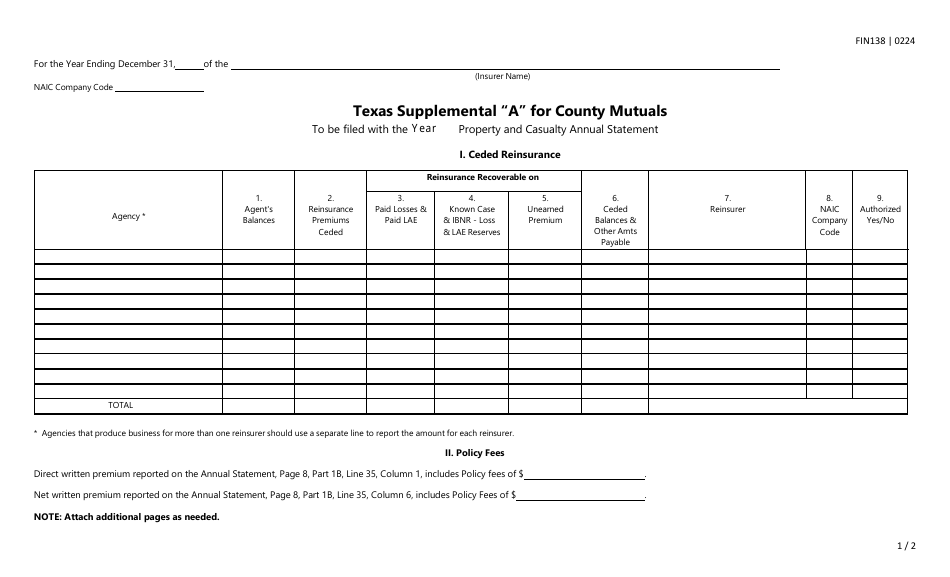 Form FIN138 Texas Supplemental a for County Mutuals - Texas, Page 1