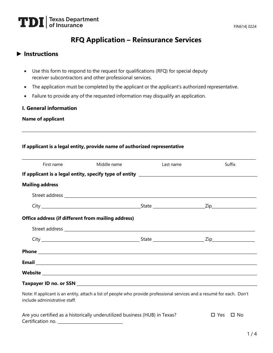 Form FIN614 Rfq Application - Reinsurance Services - Texas, Page 1