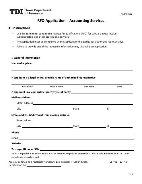 Form FIN616 Rfq Application - Accounting Services - Texas