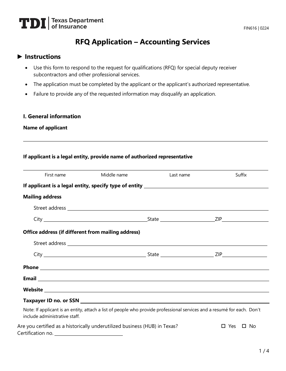 Form FIN616 Rfq Application - Accounting Services - Texas, Page 1