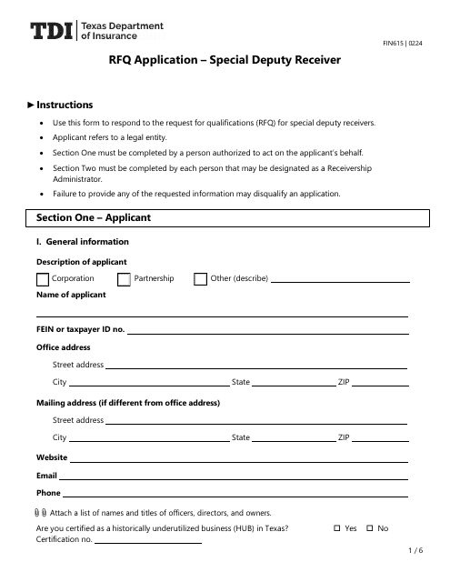 Form FIN615 Rfq Application - Special Deputy Receiver - Texas