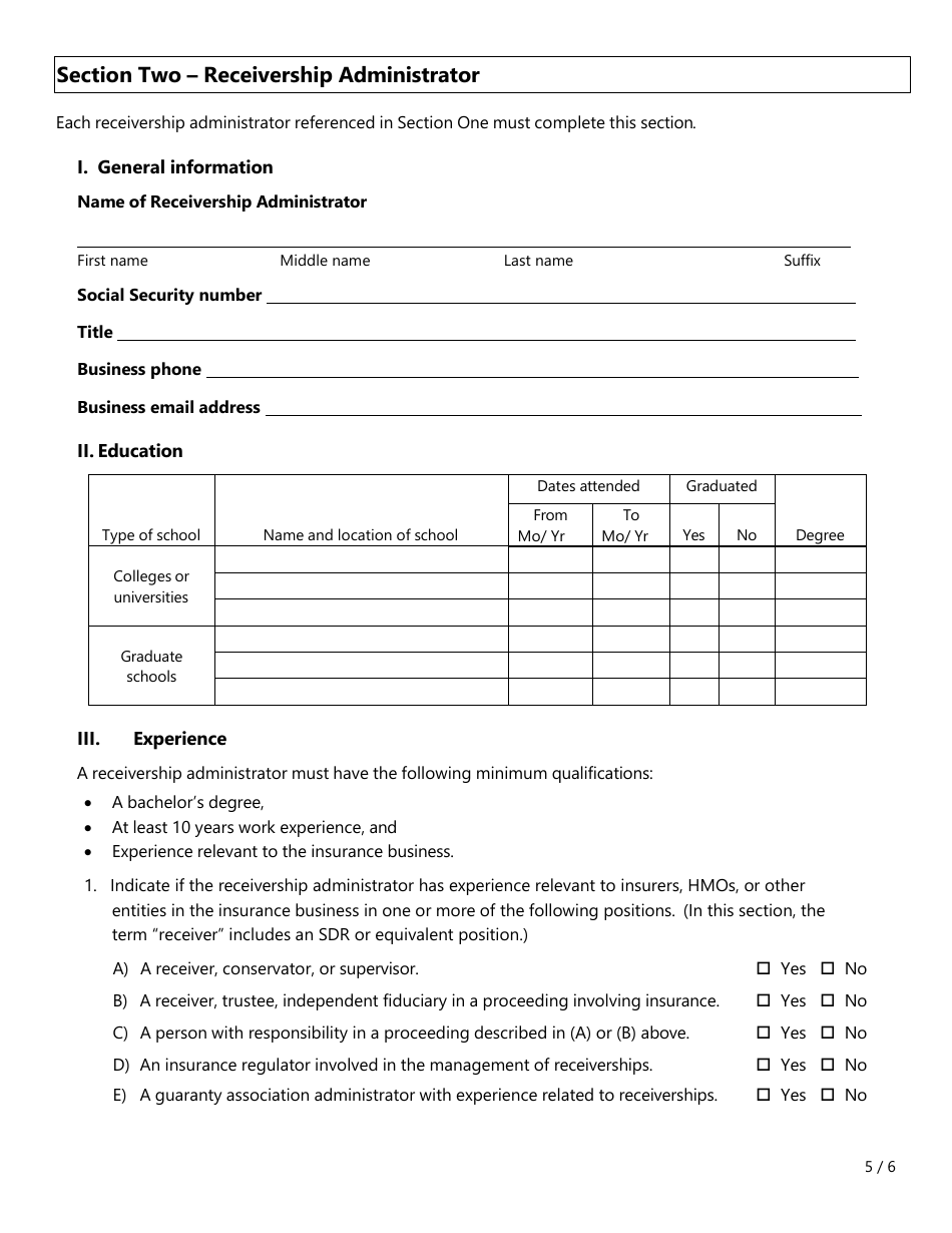 Form FIN615 Rfq Application - Special Deputy Receiver - Texas, Page 5