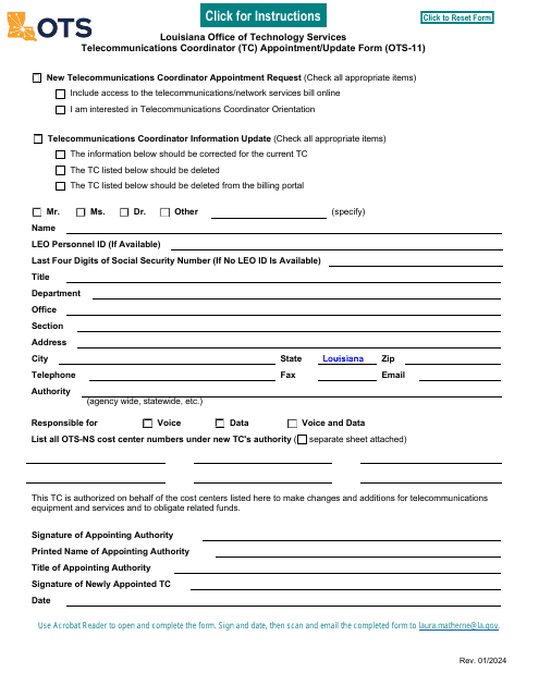 Form OTS-11 Telecommunications Coordinator (Tc) Appointment/Update Form - Louisiana