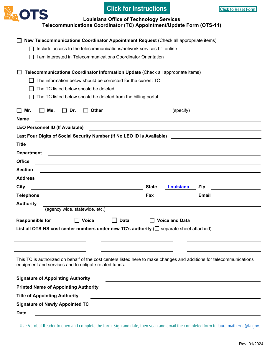 Form OTS-11 Telecommunications Coordinator (Tc) Appointment / Update Form - Louisiana, Page 1