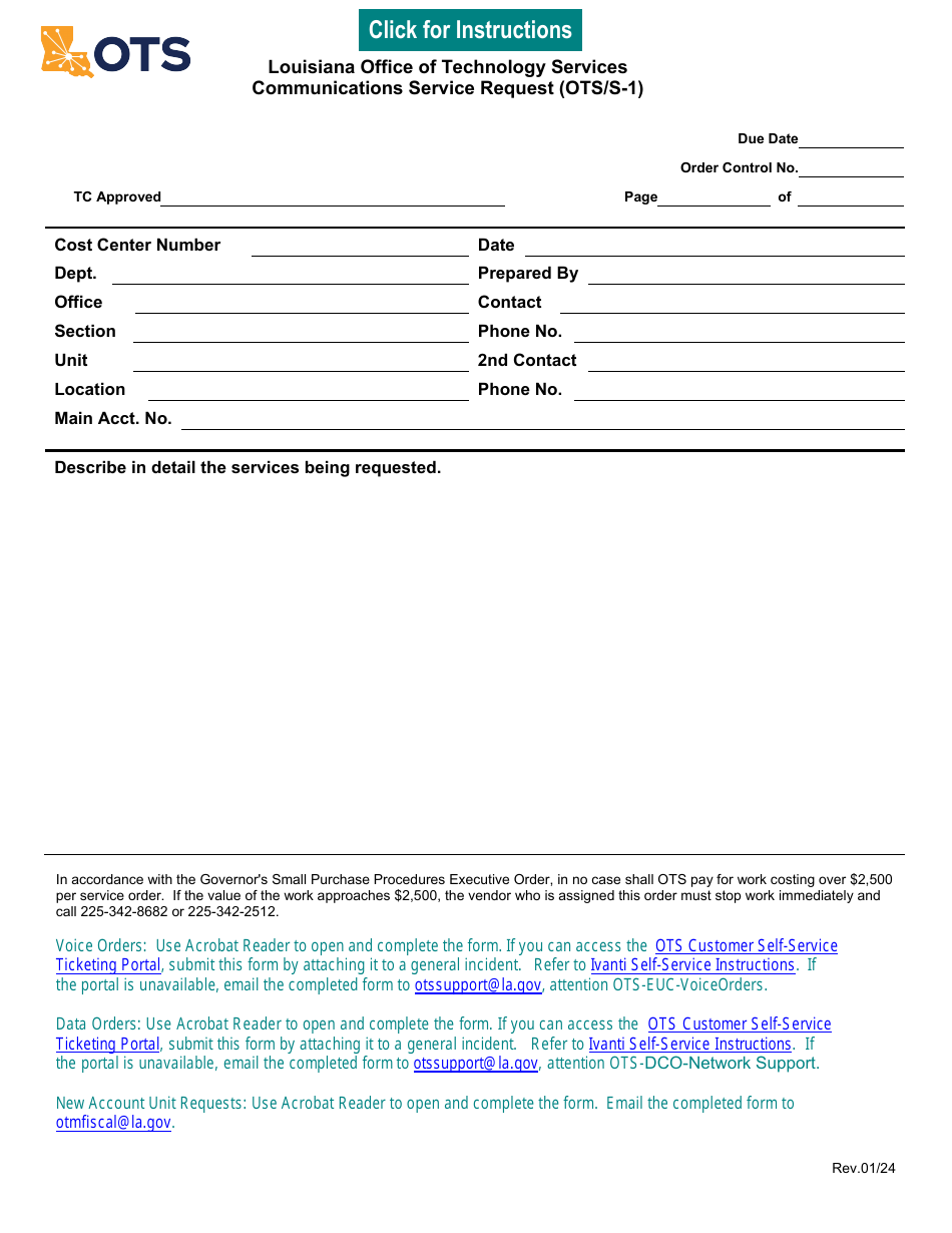 Form OTS / S-1 Communications Service Request - Louisiana, Page 1