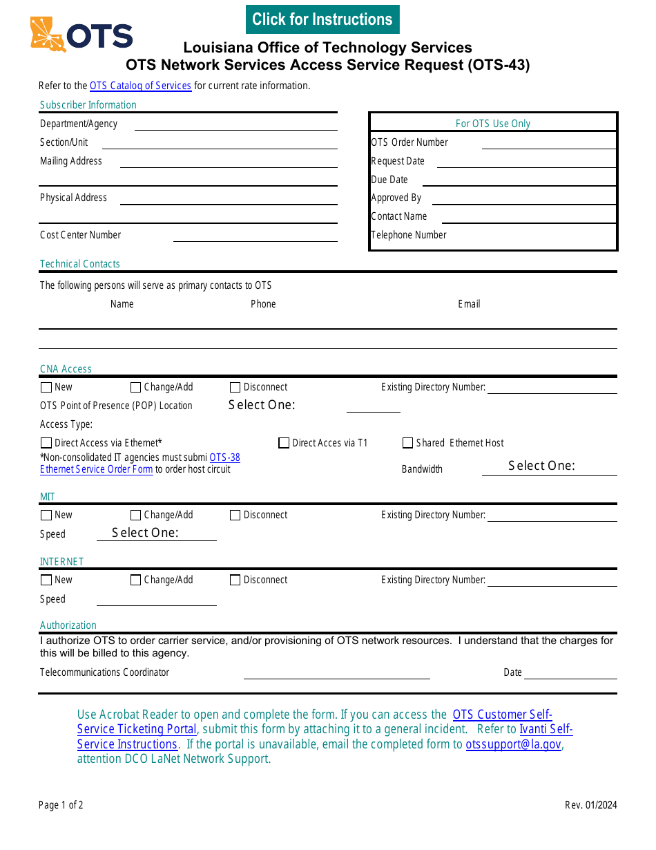 Form OTS-43 Ots Network Services Access Service Request - Louisiana, Page 1
