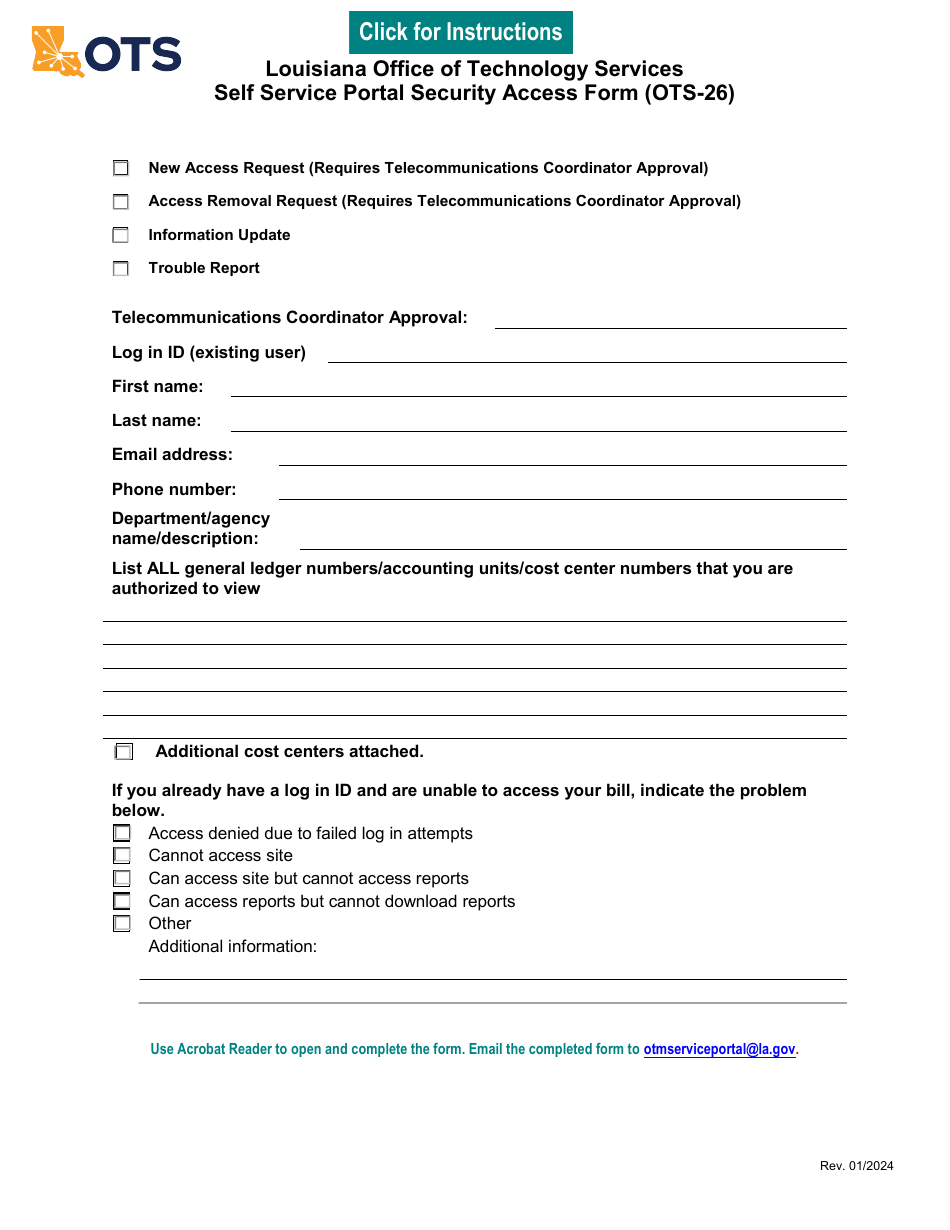 Form OTS-26 Self Service Portal Security Access Form - Louisiana, Page 1