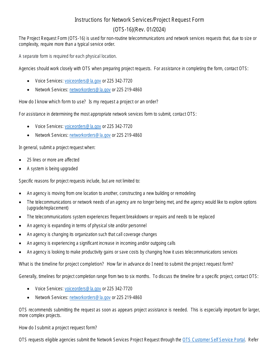 Instructions for Form OTS-16 Network Services / Project Request Form - Louisiana, Page 1