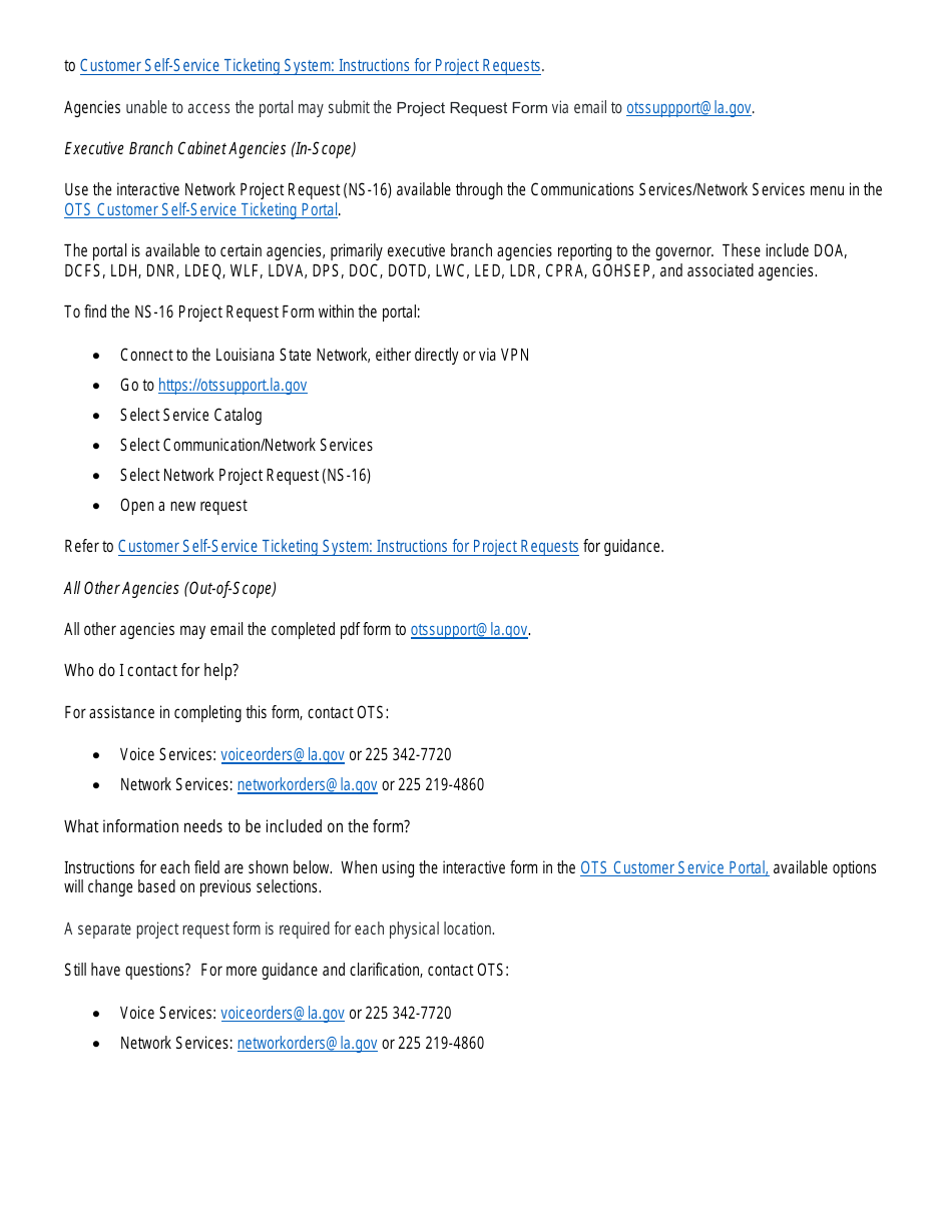 Instructions for Form OTS-16 Network Services / Project Request Form - Louisiana, Page 2