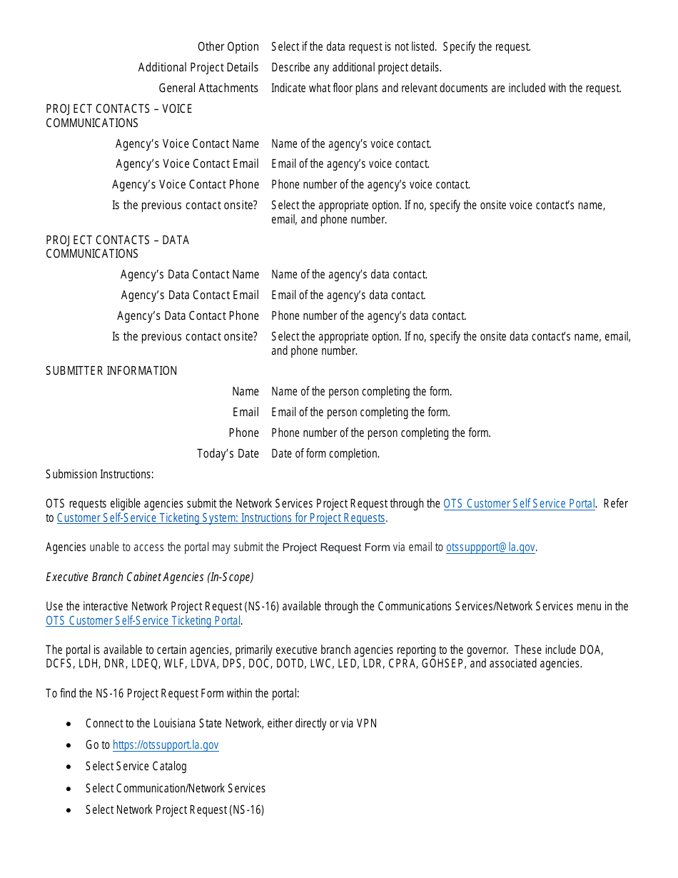 Instructions for Form OTS-16 Network Services / Project Request Form - Louisiana, Page 6