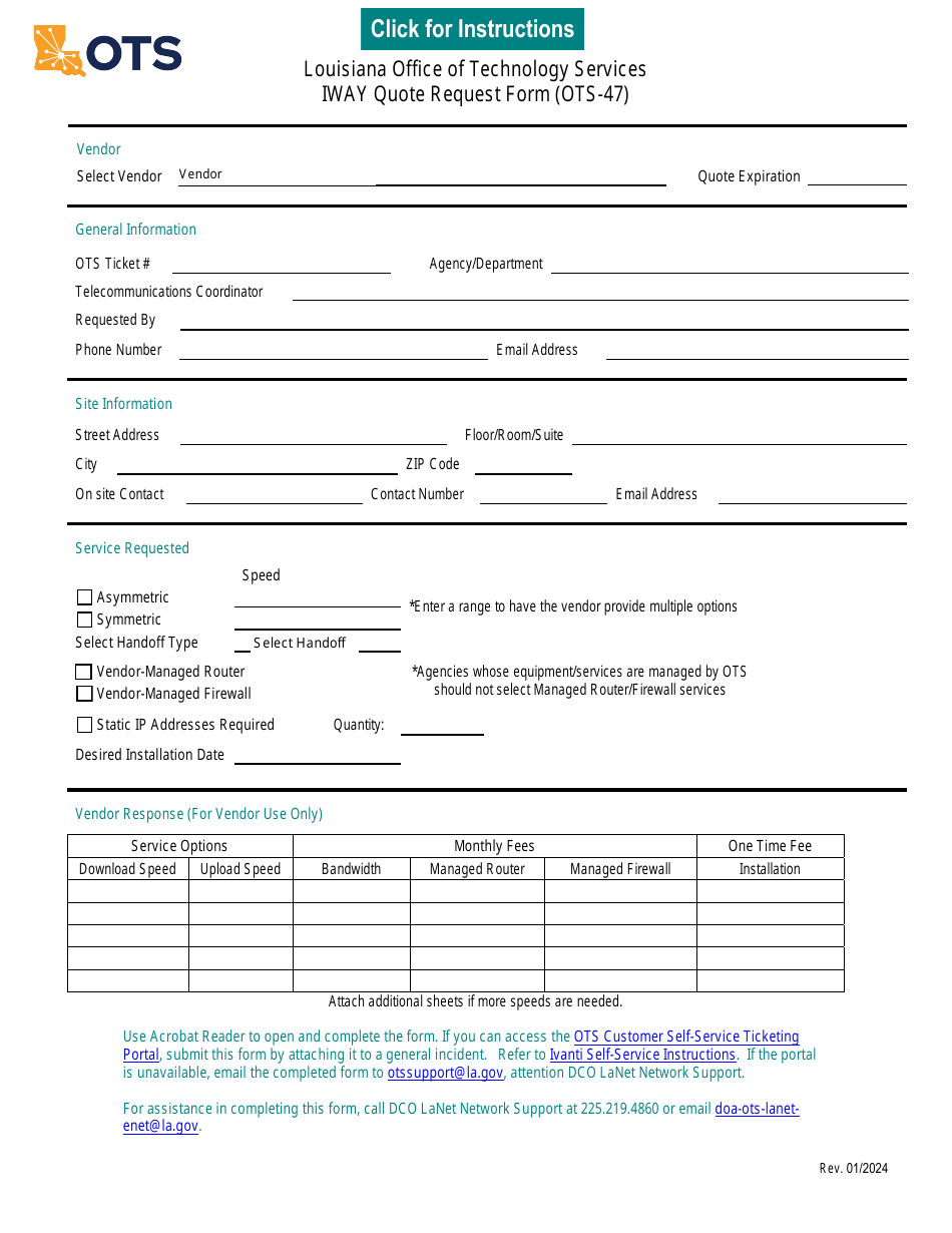 Form OTS-47 Iway Quote Request Form - Louisiana, Page 1