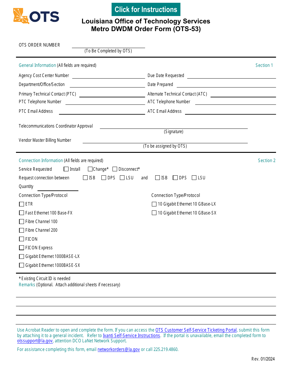 Form OTS-53 Metro Dwdm Order Form - Louisiana, Page 1