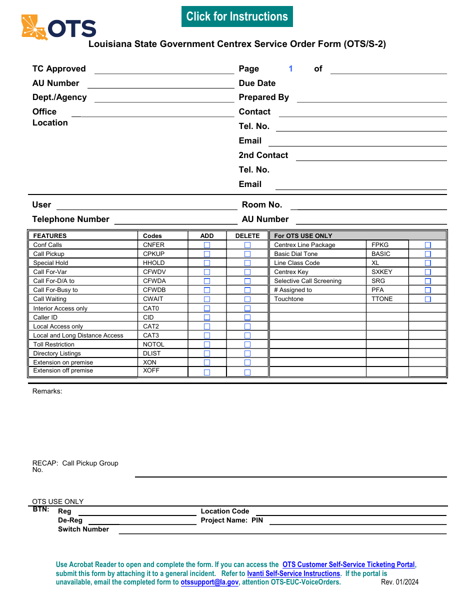 Form OTS / S-2 Louisiana State Government Centrex Service Order Form - Louisiana, Page 1