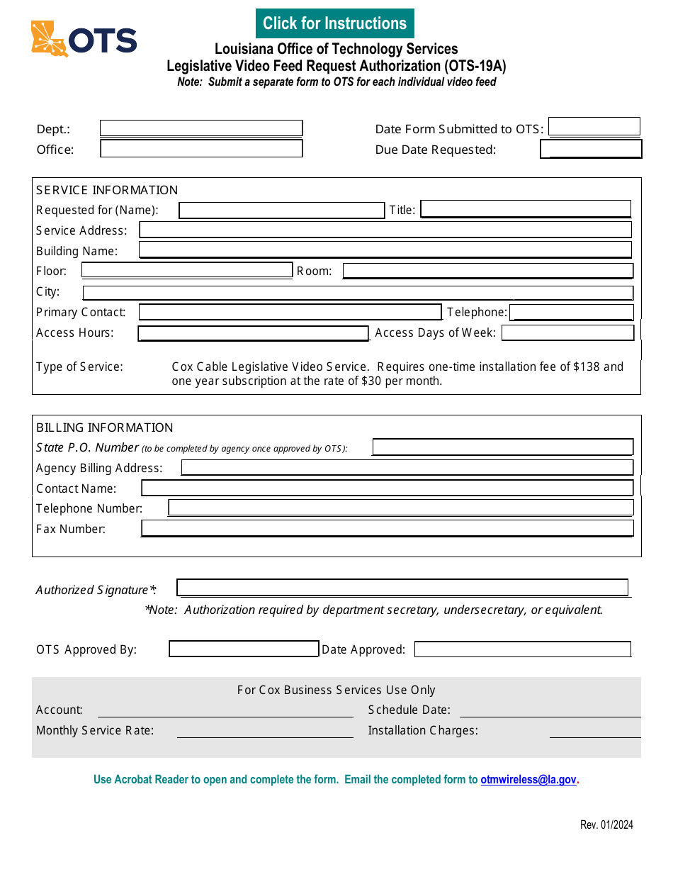Form OTS-19A Legislative Video Feed Request Authorization - Louisiana, Page 1
