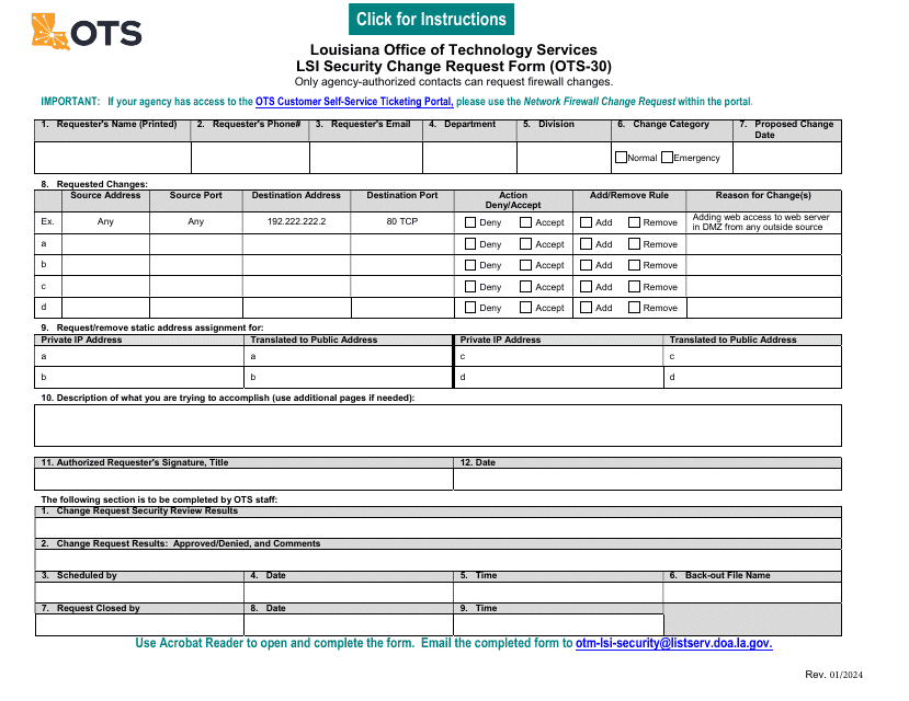 Form OTS-30 Lsi Security Change Request Form - Louisiana