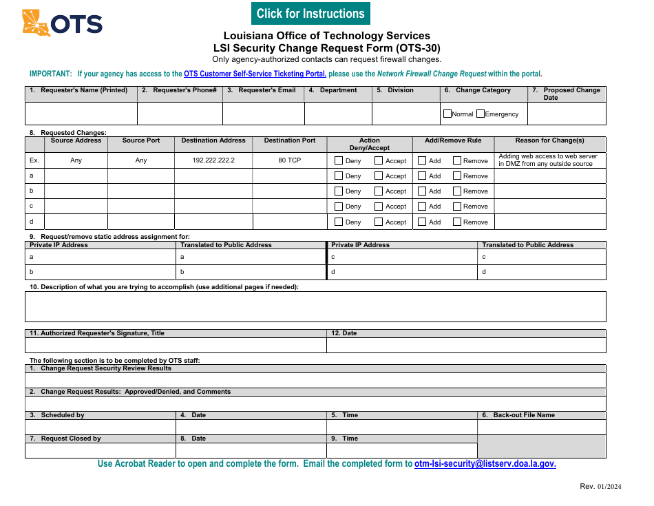 Form OTS-30 Lsi Security Change Request Form - Louisiana, Page 1