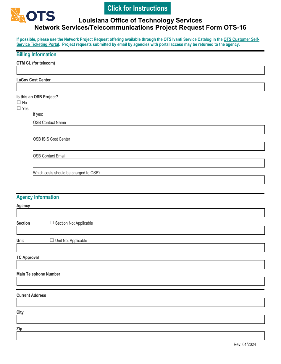 Form OTS-16 Network Services / Telecommunications Project Request Form - Louisiana, Page 1