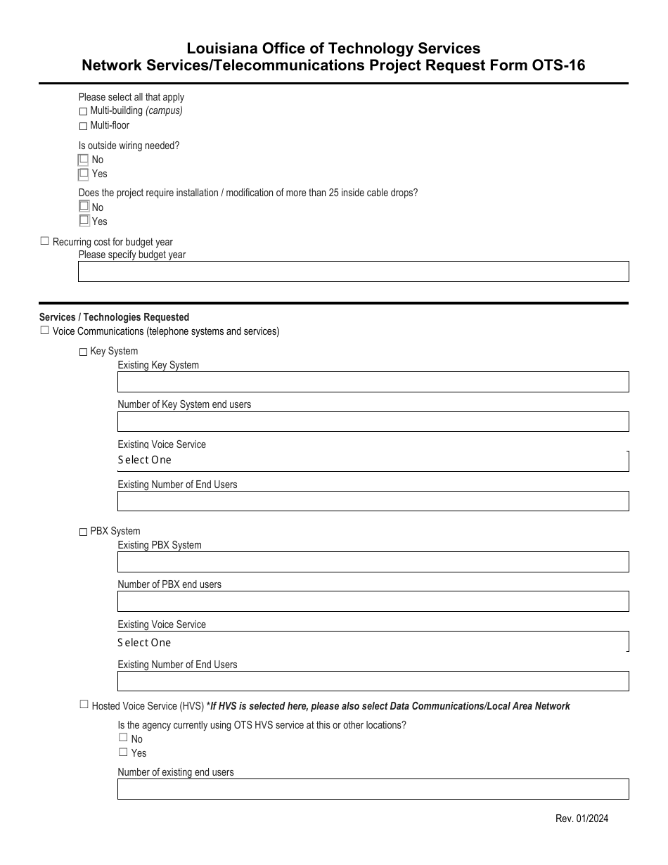 Form OTS-16 Network Services / Telecommunications Project Request Form - Louisiana, Page 3