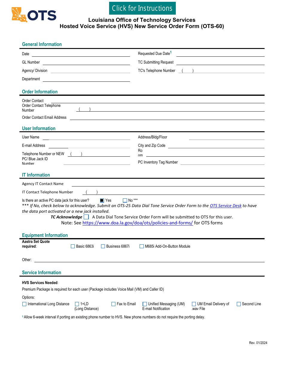 Form OTS-60 Hosted Voice Service (Hvs) New Service Order Form - Louisiana, Page 1