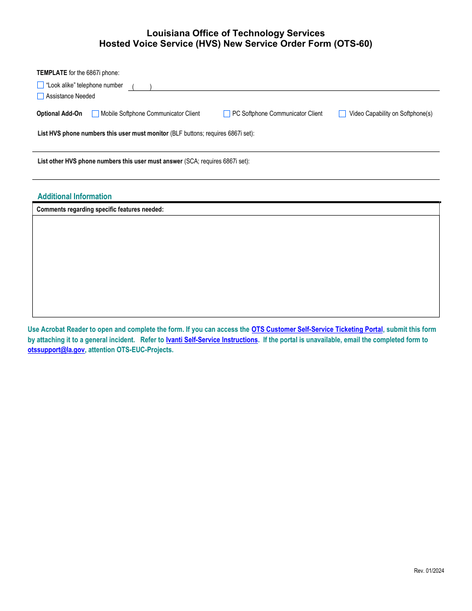 Form OTS-60 Hosted Voice Service (Hvs) New Service Order Form - Louisiana, Page 2