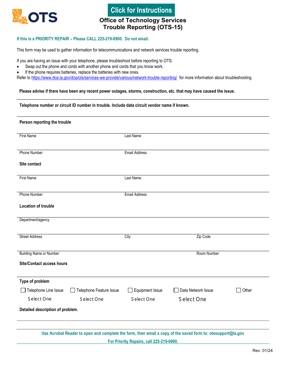 Form OTS-15 Trouble Reporting - Louisiana, Page 1