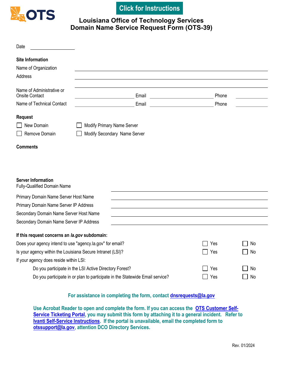 Form OTS-39 Domain Name Service Request Form - Louisiana, Page 1