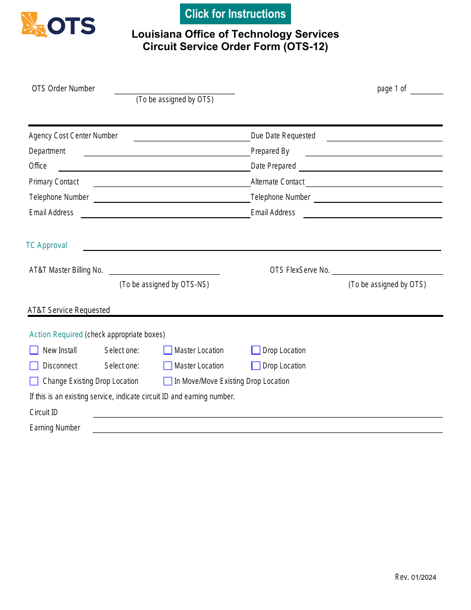 Form OTS-12 Circuit Service Order Form - Louisiana, Page 1