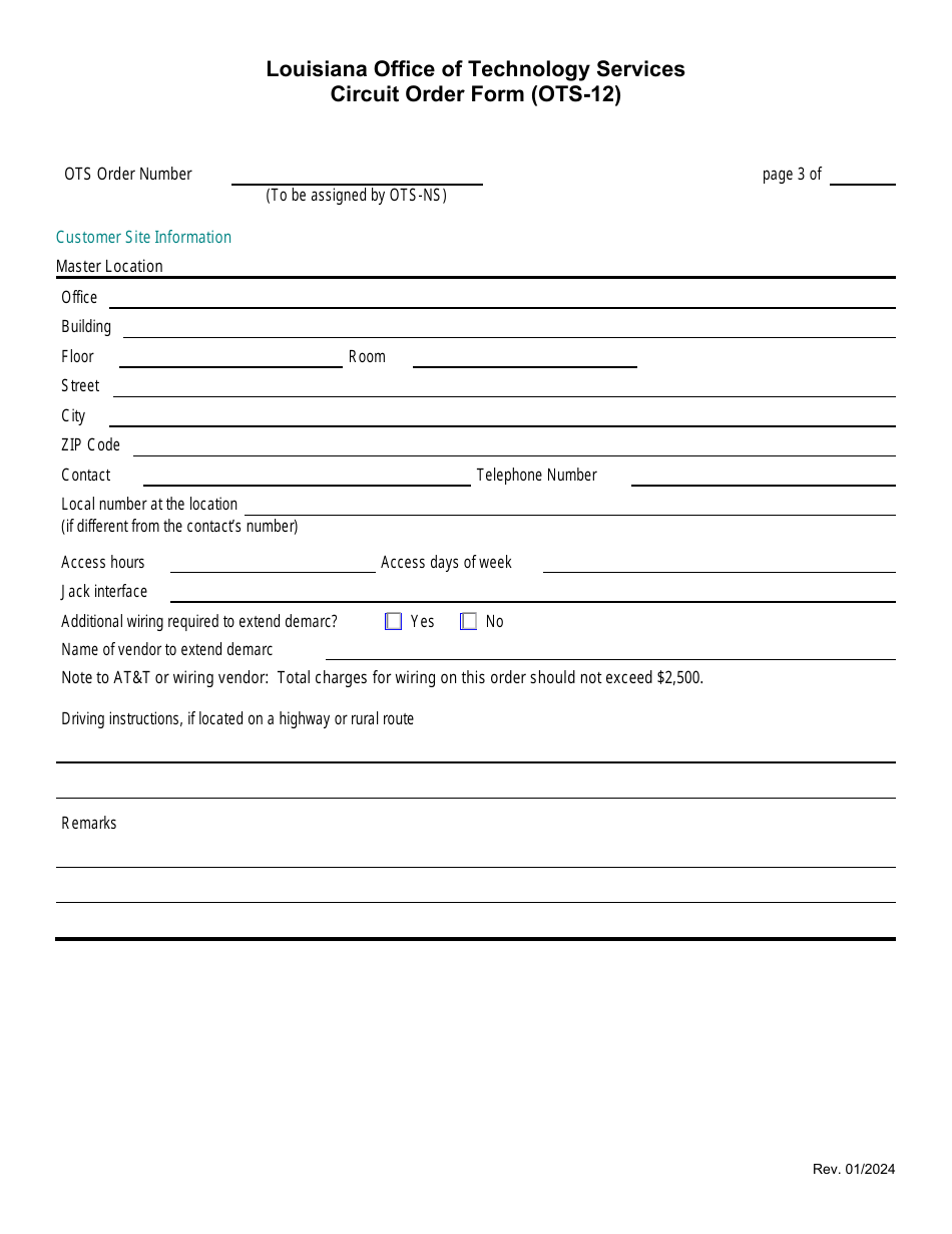 Form OTS-12 Circuit Service Order Form - Louisiana, Page 3