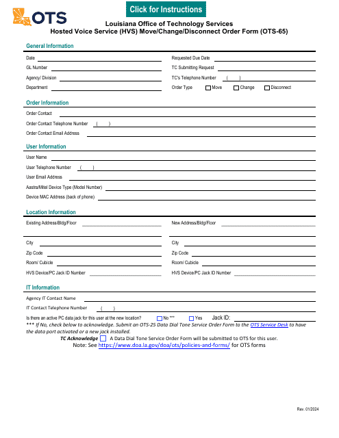 Form OTS-65 Hosted Voice Service (Hvs) Move/Change/Disconnect Order Form - Louisiana