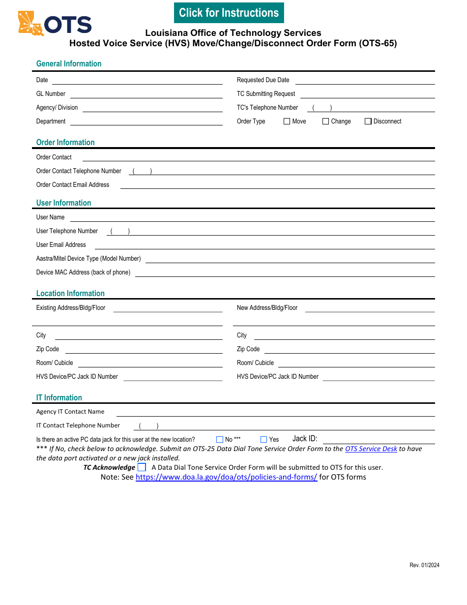 Form OTS-65 Hosted Voice Service (Hvs) Move / Change / Disconnect Order Form - Louisiana, Page 1