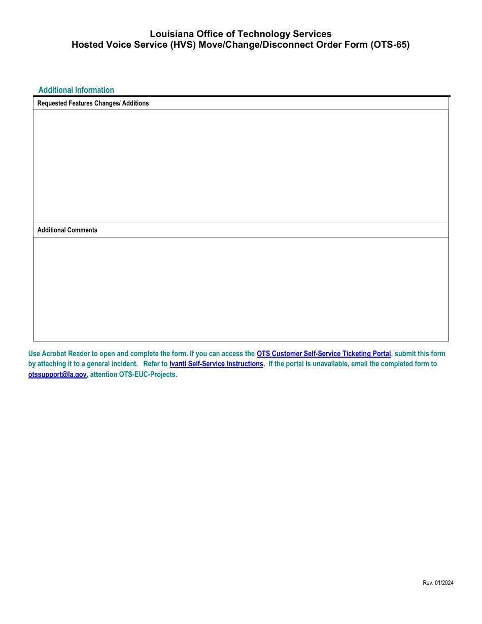 Form OTS-65 Hosted Voice Service (Hvs) Move / Change / Disconnect Order Form - Louisiana, Page 2