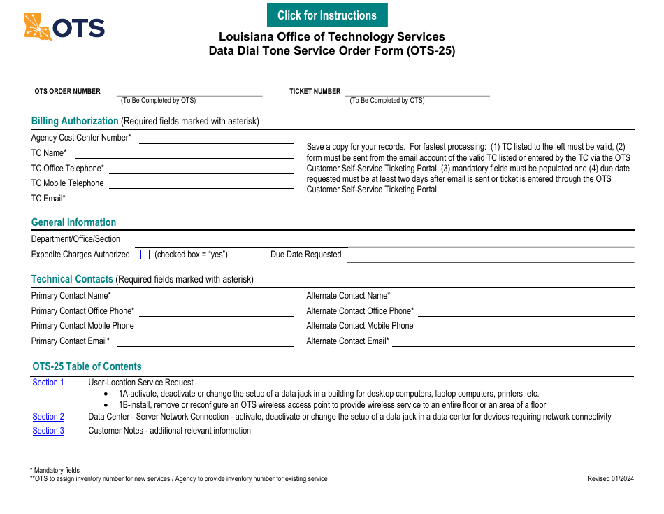 Form OTS-25 Data Dial Tone Service Order Form - Louisiana, Page 1