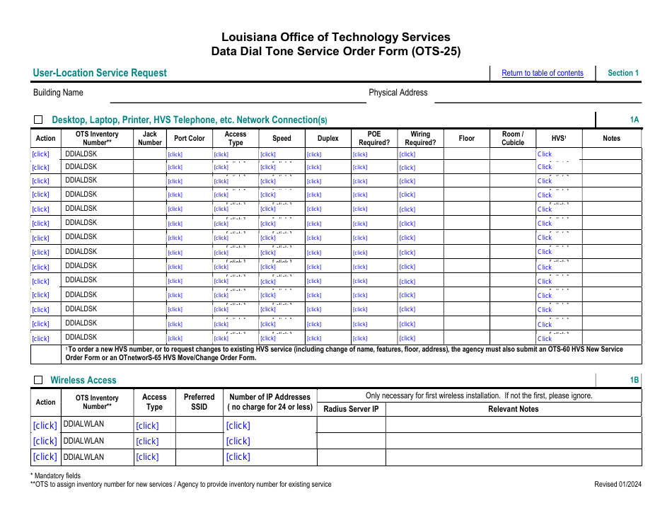 Form OTS-25 Data Dial Tone Service Order Form - Louisiana, Page 2