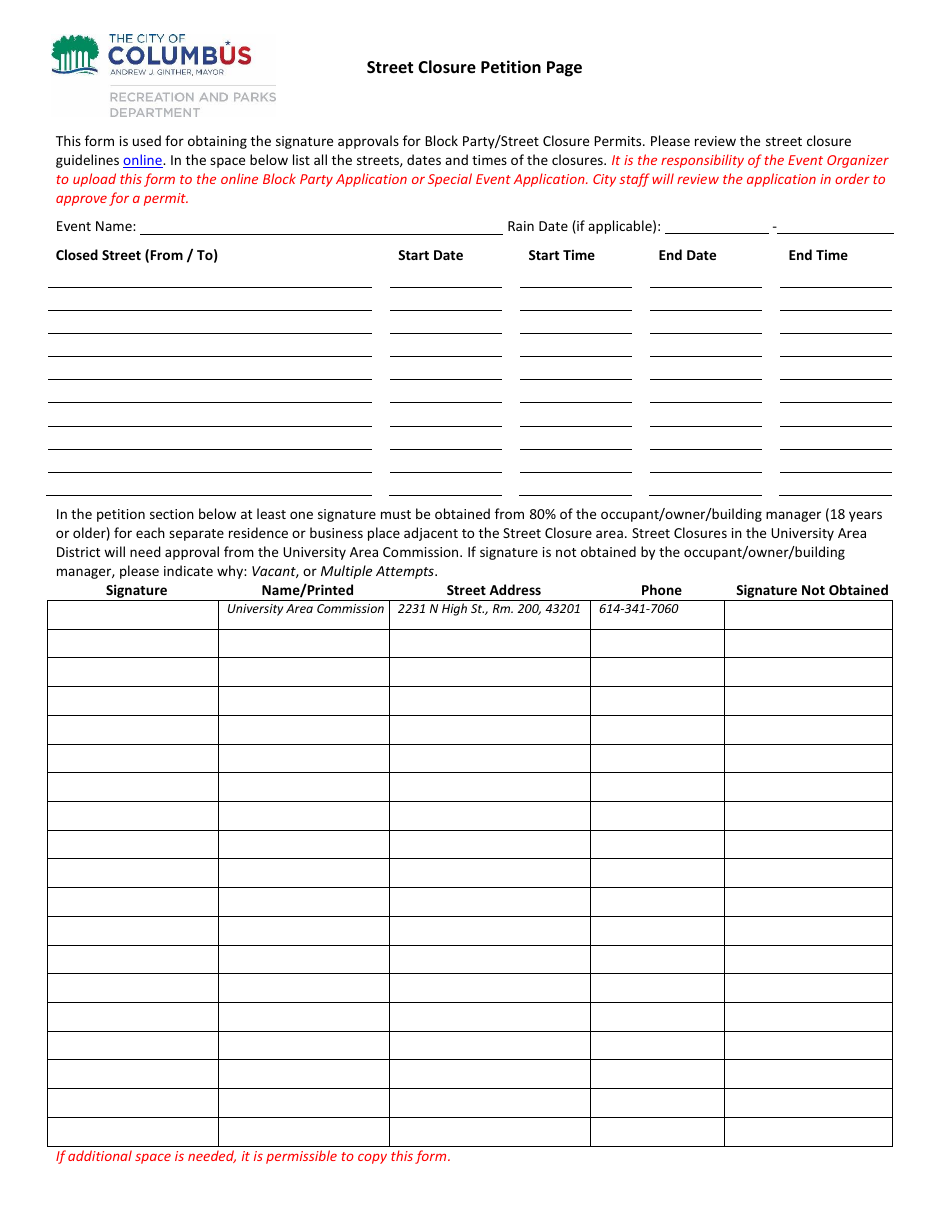 Street Closure Petition Page - City of Columbus, Ohio, Page 1