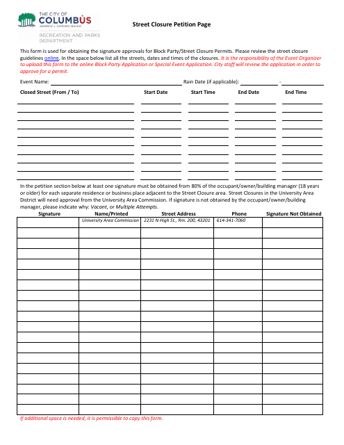 Street Closure Petition Page - City of Columbus, Ohio Download Pdf