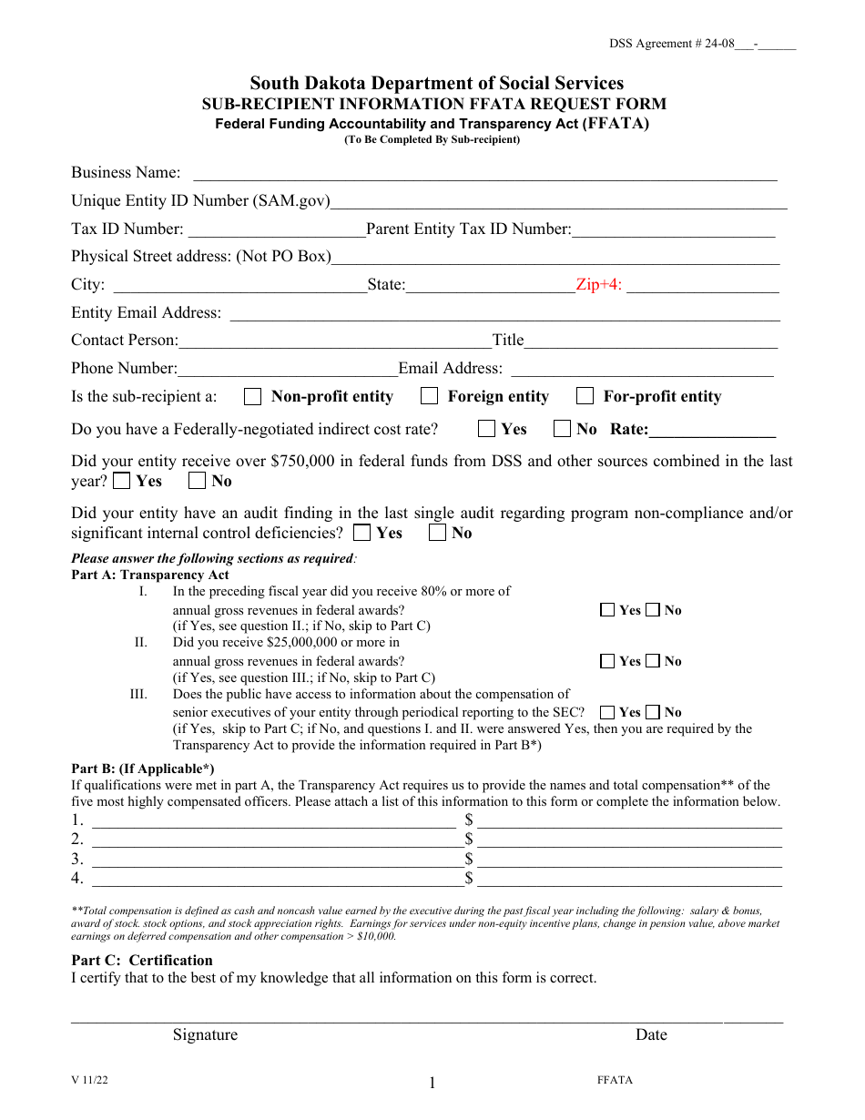 Sub-recipient Information Ffata Request Form - South Dakota, Page 1