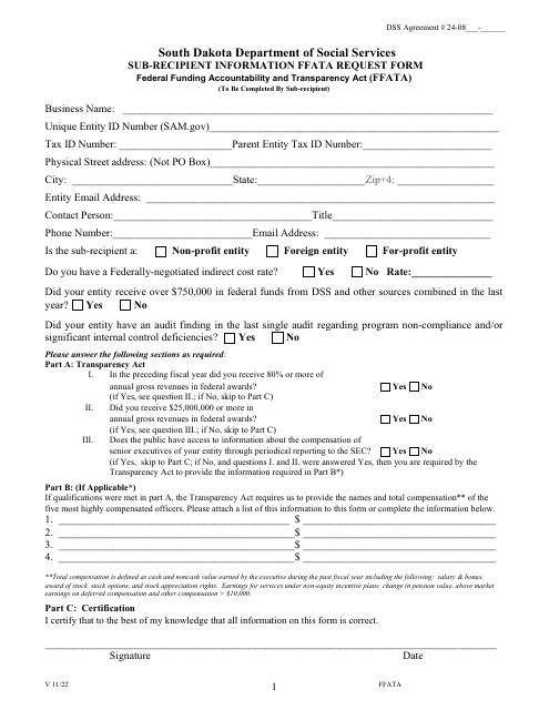 Sub-recipient Information Ffata Request Form - South Dakota