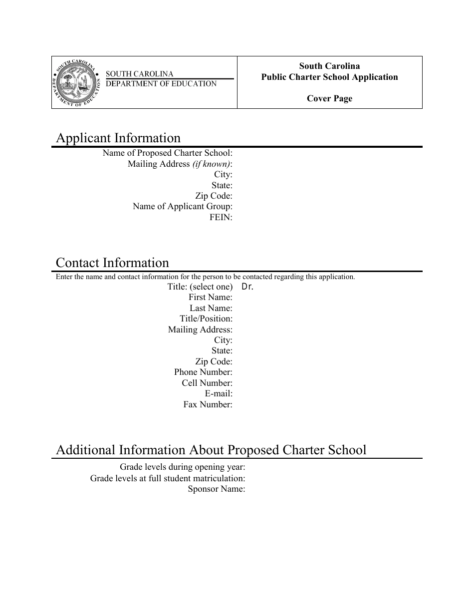 Public Charter School Application - Cover Page - South Carolina, Page 1