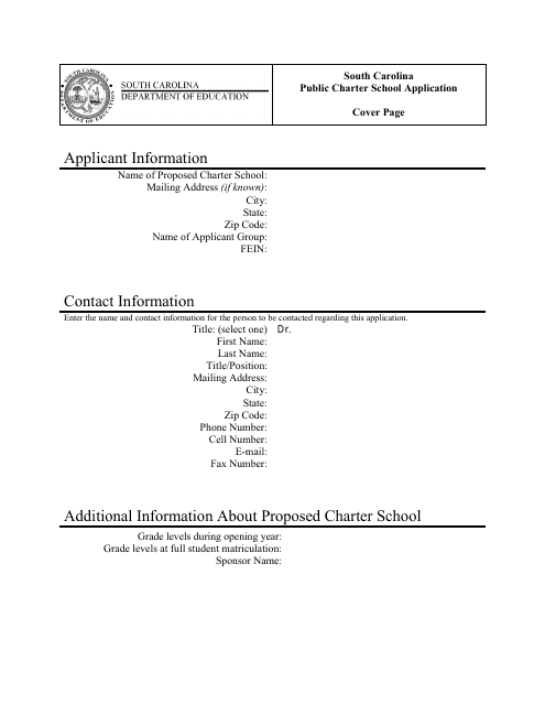 Public Charter School Application - Cover Page - South Carolina Download Pdf