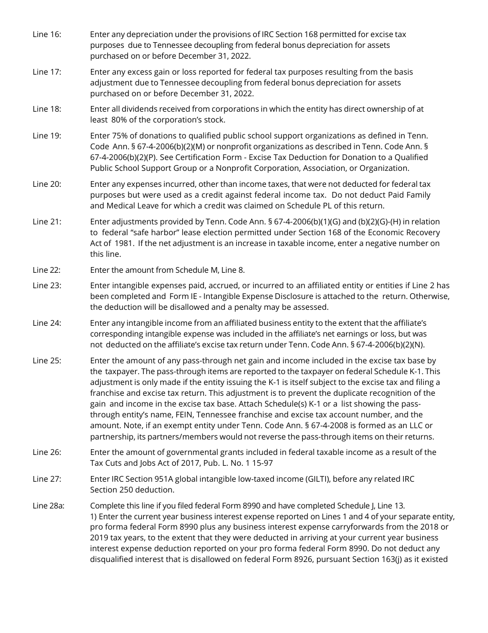 Instructions for Form FAE170, RV-R0011001 Franchise and Excise Tax Return - Tennessee, Page 10