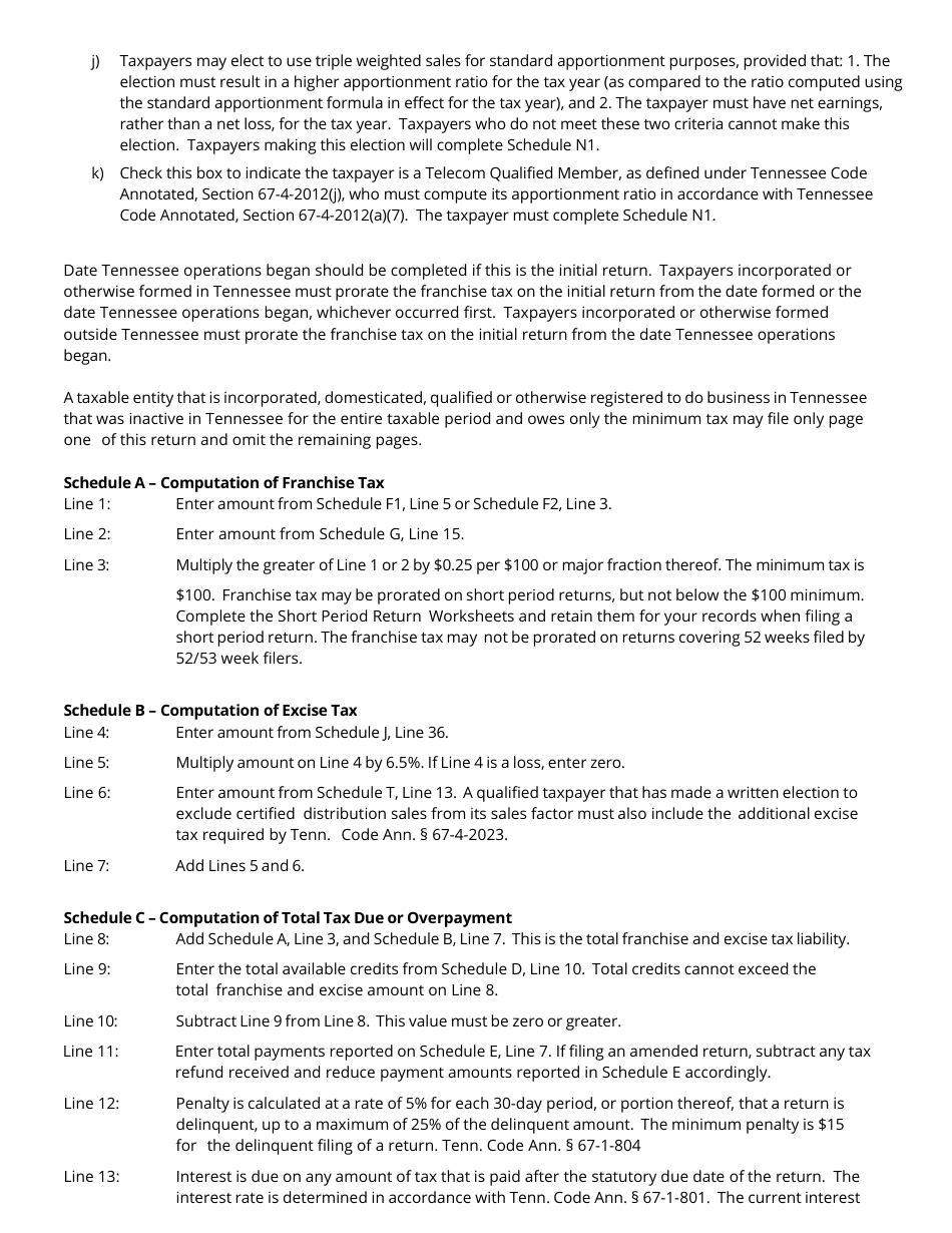 Instructions for Form FAE170, RV-R0011001 Franchise and Excise Tax Return - Tennessee, Page 2