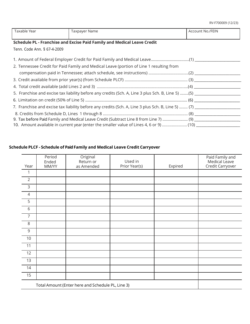 Form RV-F700009 Schedule PL Paid Family and Medical Leave Credit - Tennessee, Page 1