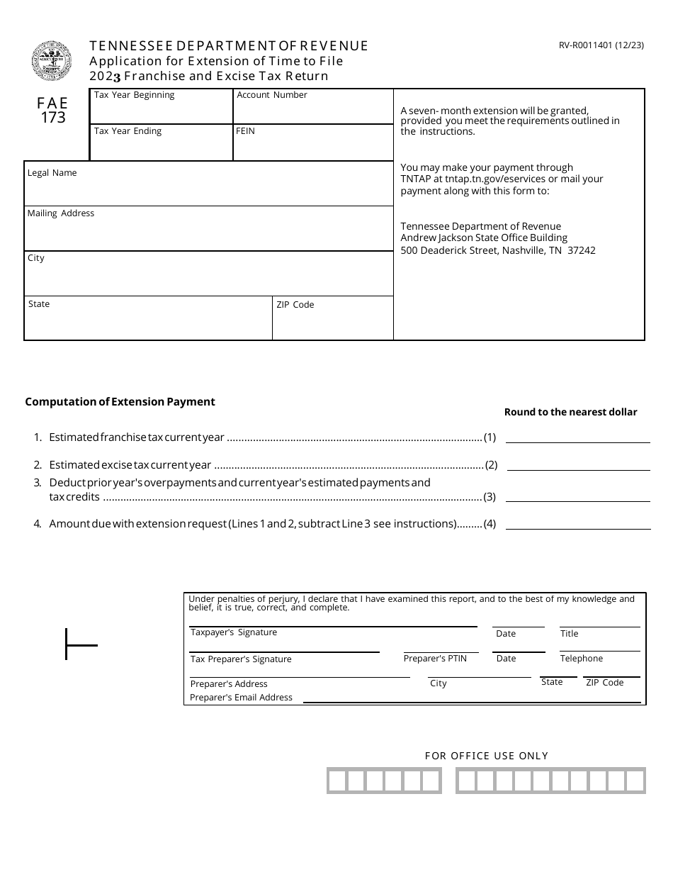 Form FAE173 (RV-R0011401) Application for Extension of Time to File Franchise and Excise Tax Return - Tennessee, Page 1