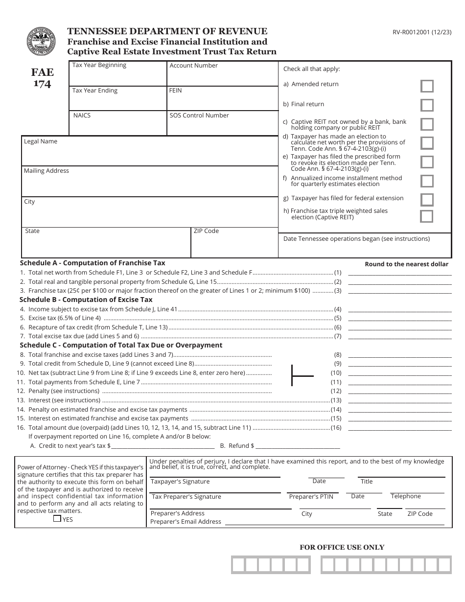 Form FAE174 (RV-R0012001) Franchise and Excise Financial Institution and Captive Real Estate Investment Trust Tax Return - Tennessee, Page 1