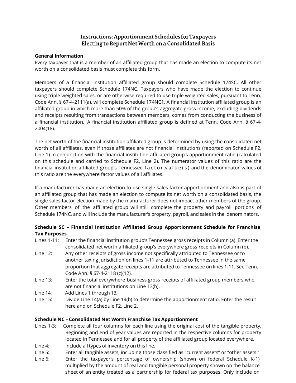Form RV-F16017 Schedule 174NC, 174SC Apportionment Schedules for Taxpayers Electing to Report Net Worth on a Consolidated Basis - Tennessee, Page 3