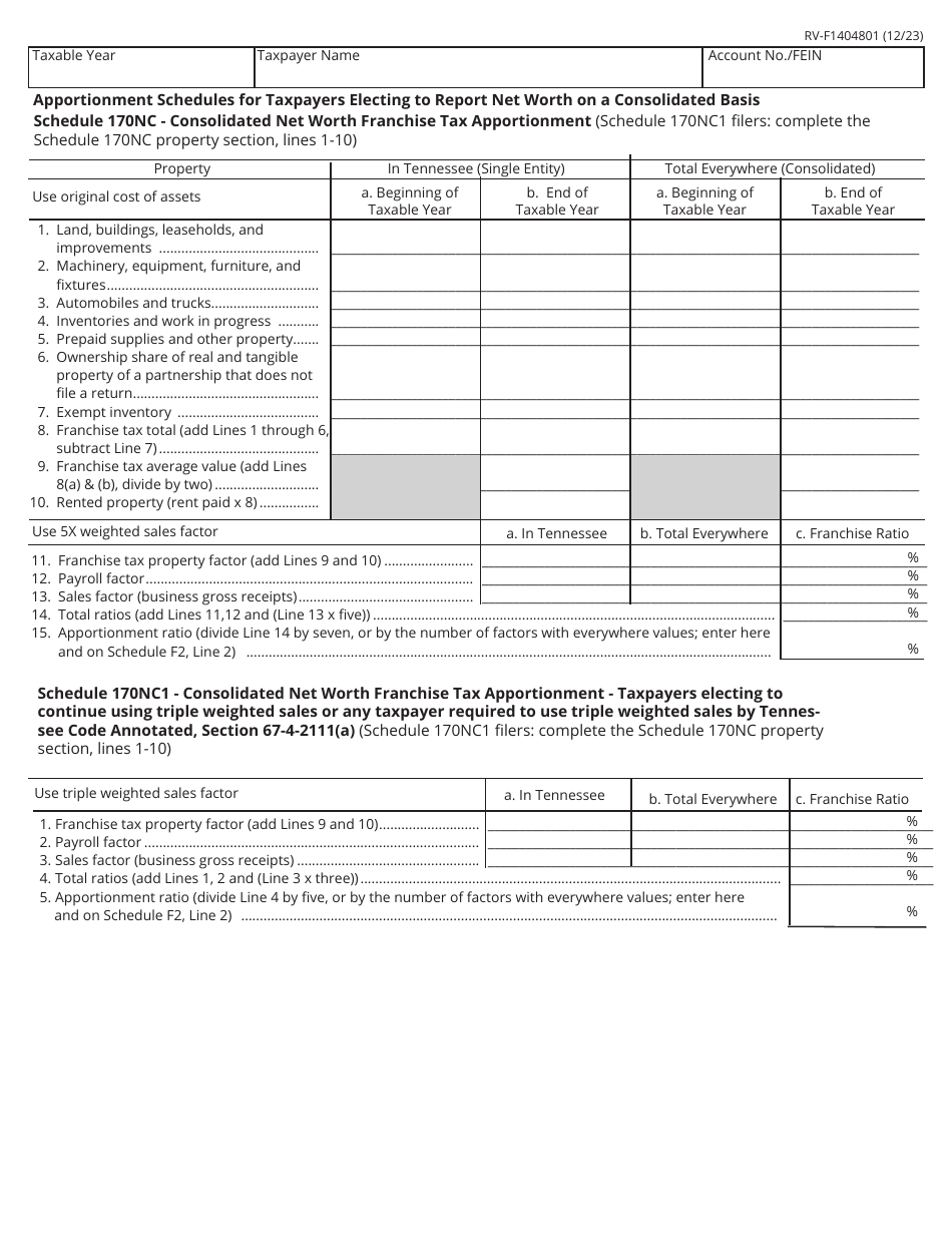 Form RV-F1404801 Schedule 170NC, 170SC, 170SF Apportionment Schedules for Taxpayers Electing to Report Net Worth on a Consolidated Basis - Tennessee, Page 1
