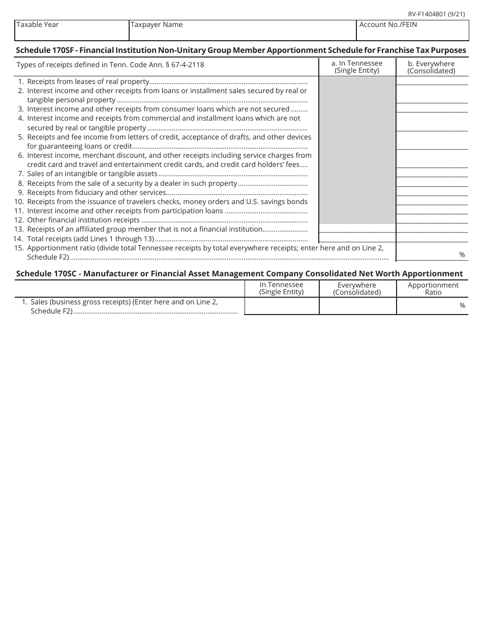 Form RV-F1404801 Schedule 170NC, 170SC, 170SF Apportionment Schedules for Taxpayers Electing to Report Net Worth on a Consolidated Basis - Tennessee, Page 2