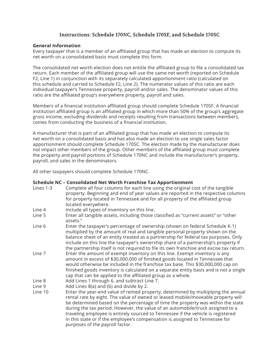 Form RV-F1404801 Schedule 170NC, 170SC, 170SF Apportionment Schedules for Taxpayers Electing to Report Net Worth on a Consolidated Basis - Tennessee, Page 3