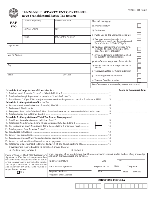 Form FAE170 (RV-R0011001) Franchise and Excise Tax Return - Tennessee, 2023